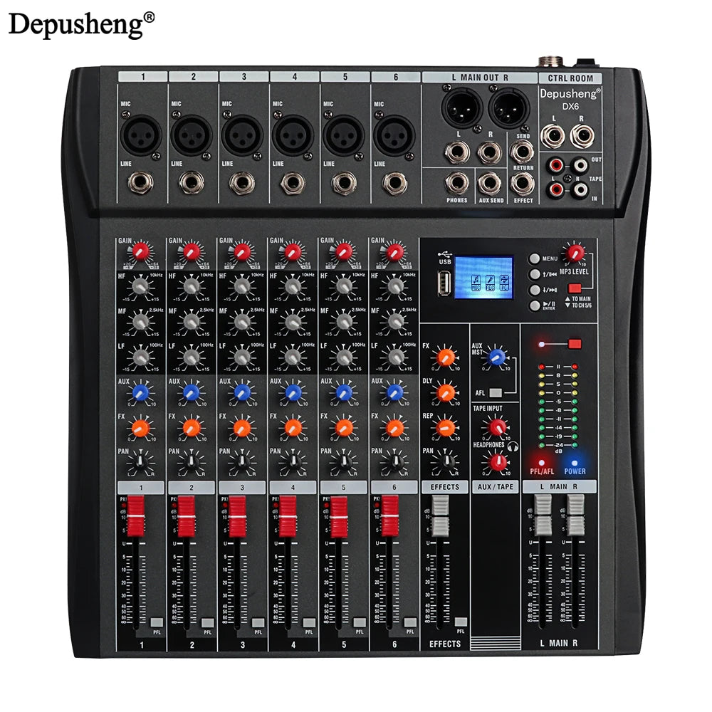 Audio Mixer 6/8/12 Channels Professional DJ Mixer LR Microphone/Line Input, AUX, FX Processor MP3, Headphones, +48V Phantom