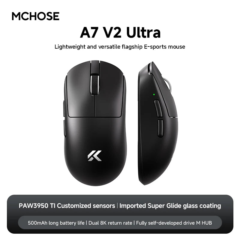 MCHOSE A7 V2 Lightweight Wireless Gaming Mouse Dual8000Hz Polling Rate PAW3950TI Imported Super Glide Glass Coating Office Mouse