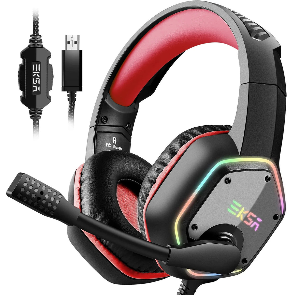 EKSA E1000 Gaming Headphones 7.1 Surround RGB USB Wired Headset 50mm Drivers Noise Cancelling Mic 120° Rotatable PC PS4 PS5 Xbox