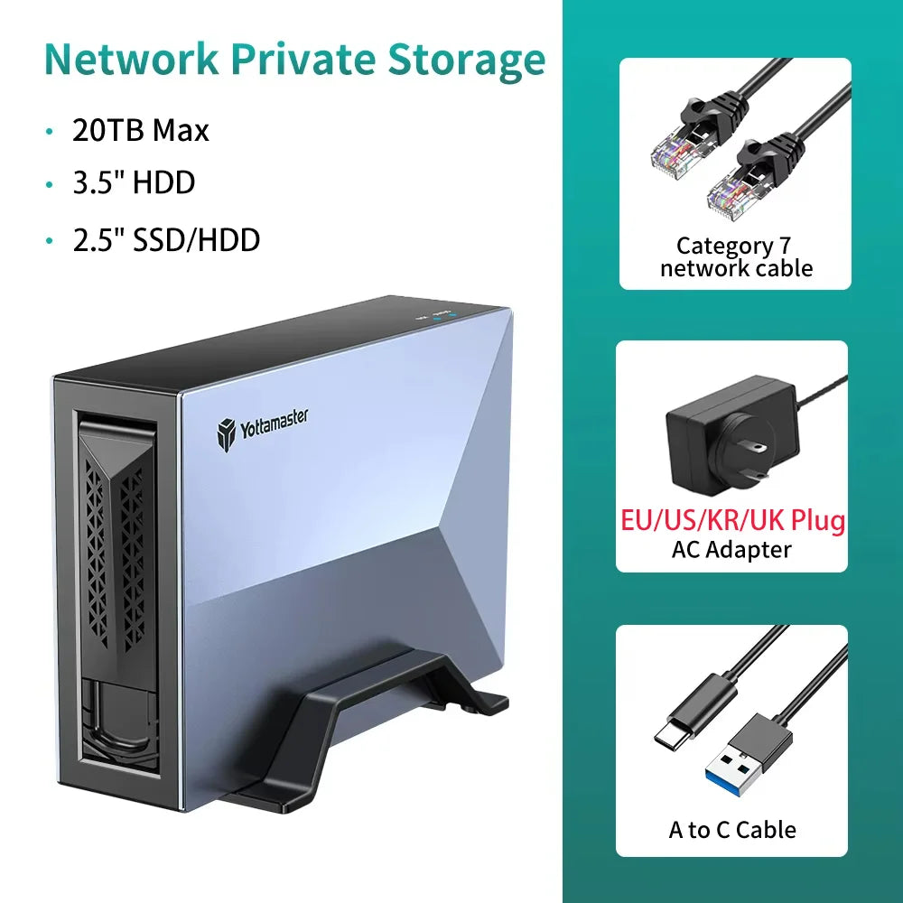 Yottamaster Hard Drive Network Storage 2.5”3.5'' SATA SSD Enclosure External Case Auto Backup Server Cloud【Overseas Shipping!】