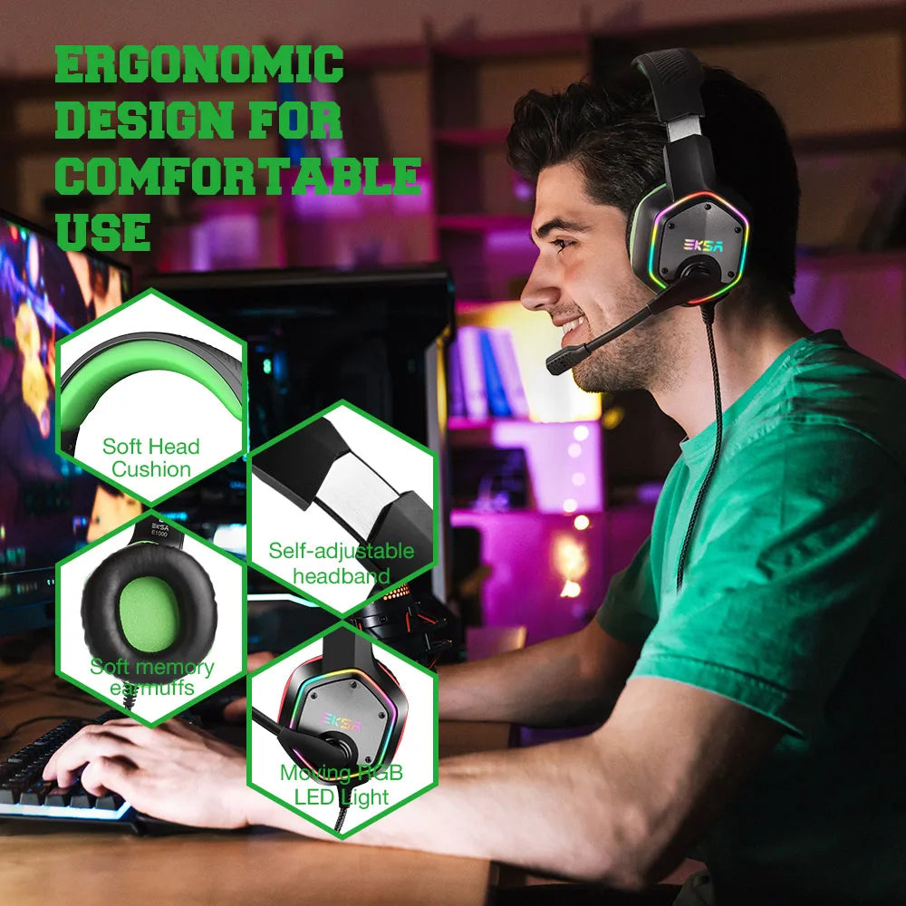 EKSA E1000 Gaming Headphones 7.1 Surround RGB USB Wired Headset 50mm Drivers Noise Cancelling Mic 120° Rotatable PC PS4 PS5 Xbox