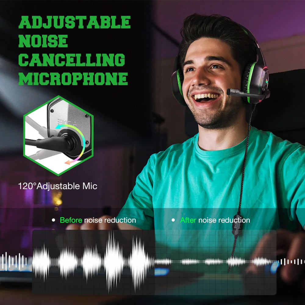 EKSA E1000 Gaming Headphones 7.1 Surround RGB USB Wired Headset 50mm Drivers Noise Cancelling Mic 120° Rotatable PC PS4 PS5 Xbox
