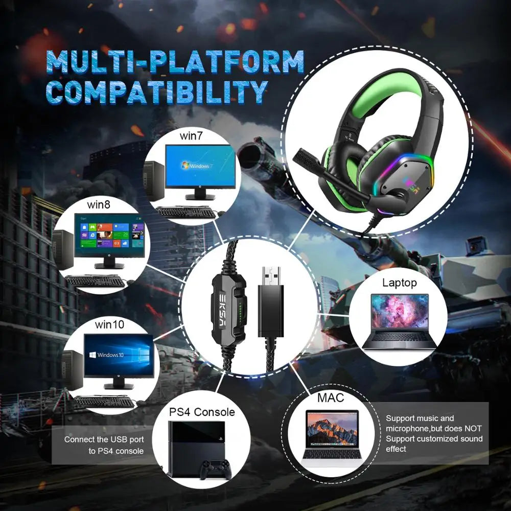 EKSA E1000 Gaming Headphones 7.1 Surround RGB USB Wired Headset 50mm Drivers Noise Cancelling Mic 120° Rotatable PC PS4 PS5 Xbox