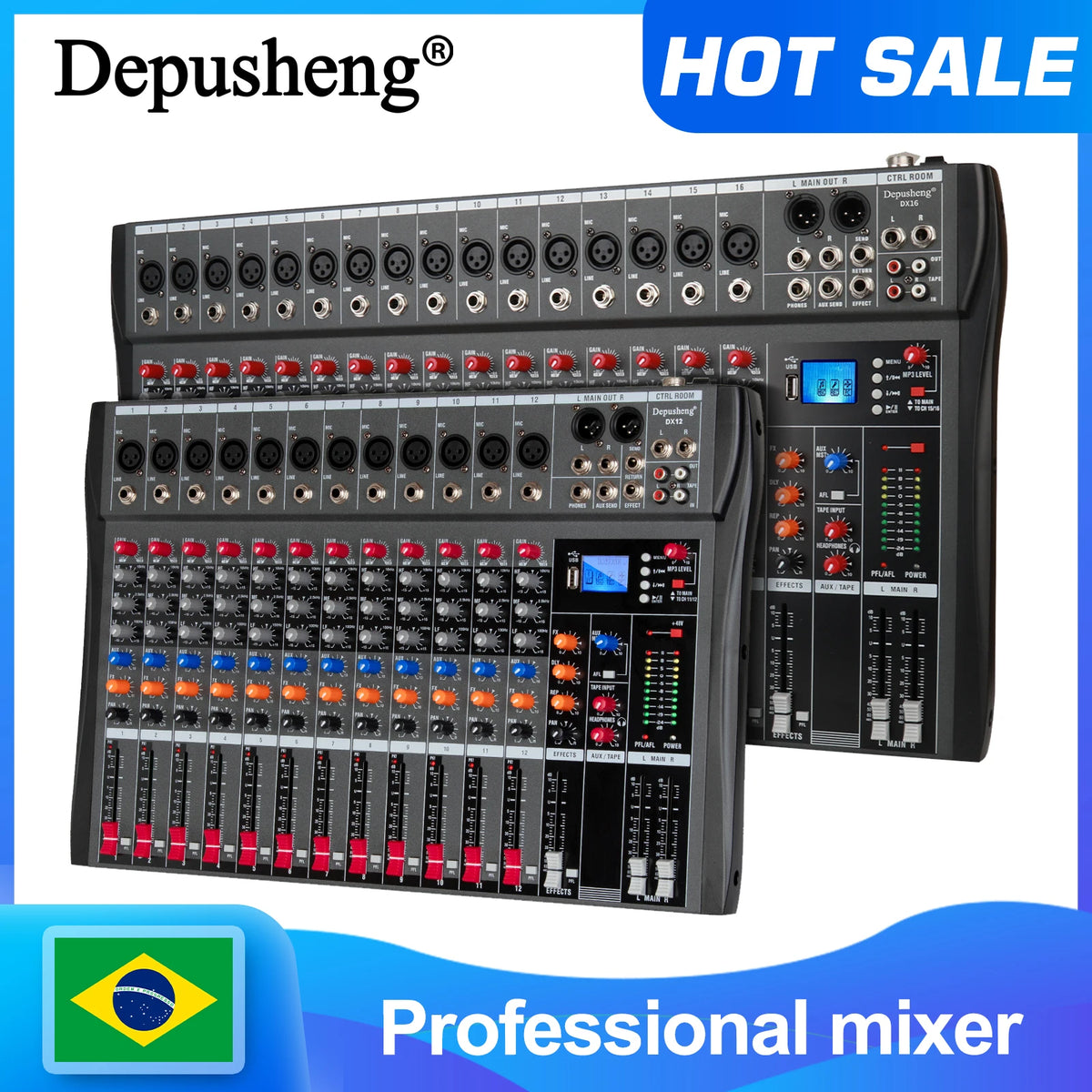 Audio Mixer 6/8/12 Channels Professional DJ Mixer LR Microphone/Line Input, AUX, FX Processor MP3, Headphones, +48V Phantom