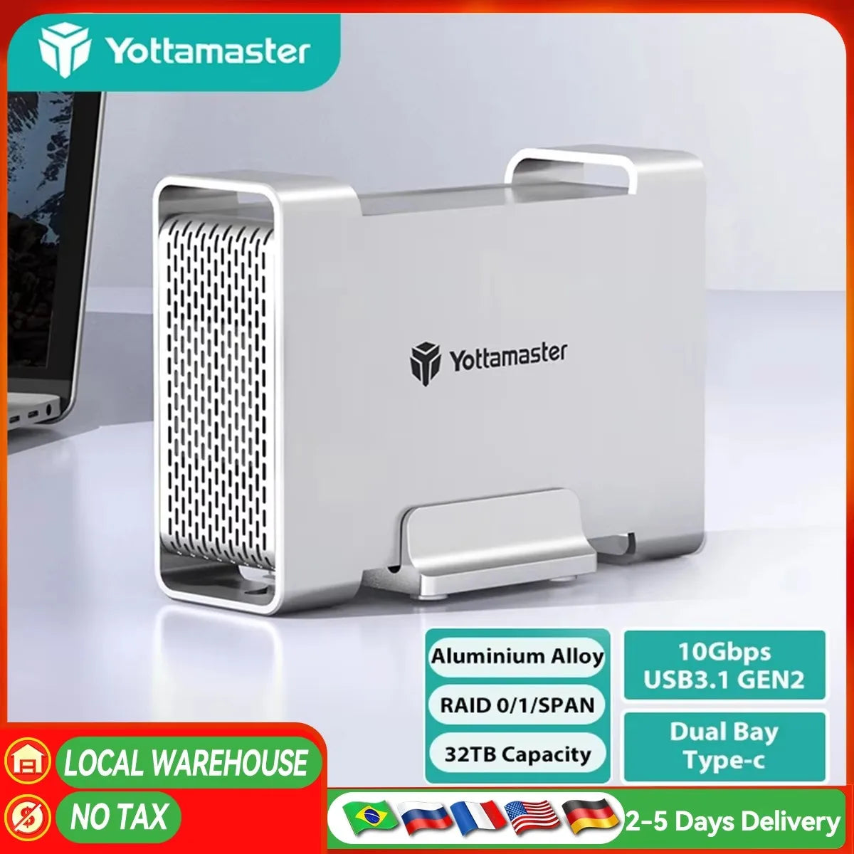 Yottamaster 2 Bay RAID Hard Drive Enclosure 2.5" 3.5" SATA SSD/HDD 4 Raid External Hard Disk Case USB3.1 Type C 5/10Gbps HDD Box