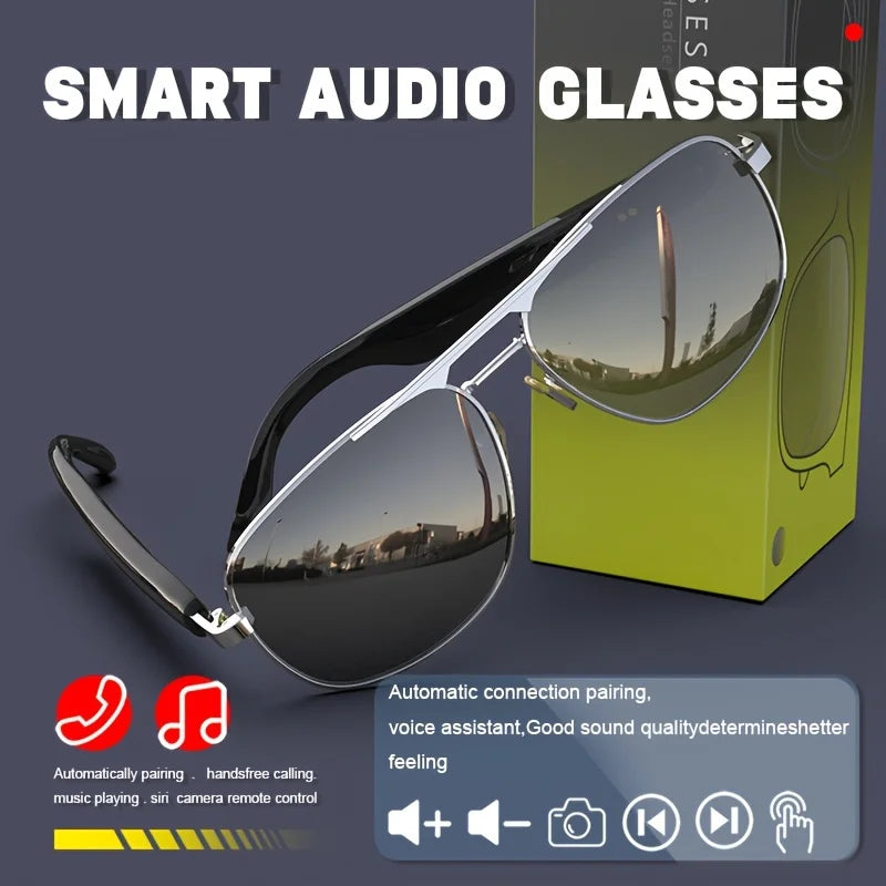 Smart Bluetooth Audio Sunglasses for Men Women, Metal Frame Polarized Lens Wireless Glasses, Built‑in Speaker & Mic, Hands‑Free Music Call Sunglasses for Outdoor Sports Cycling Driving Travel