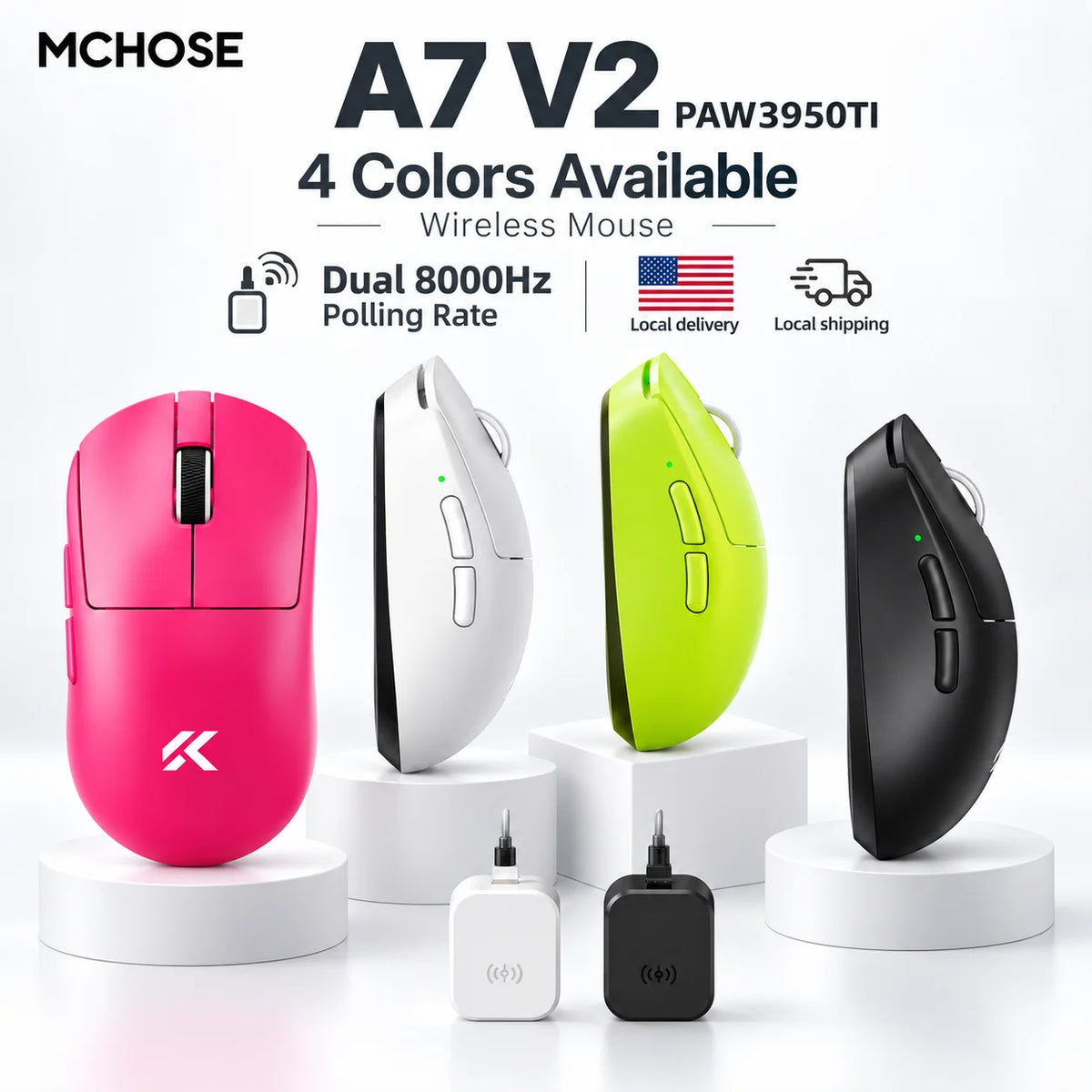 MCHOSE A7 V2 Lightweight Wireless Gaming Mouse Dual8000Hz Polling Rate PAW3950TI Imported Super Glide Glass Coating Office Mouse