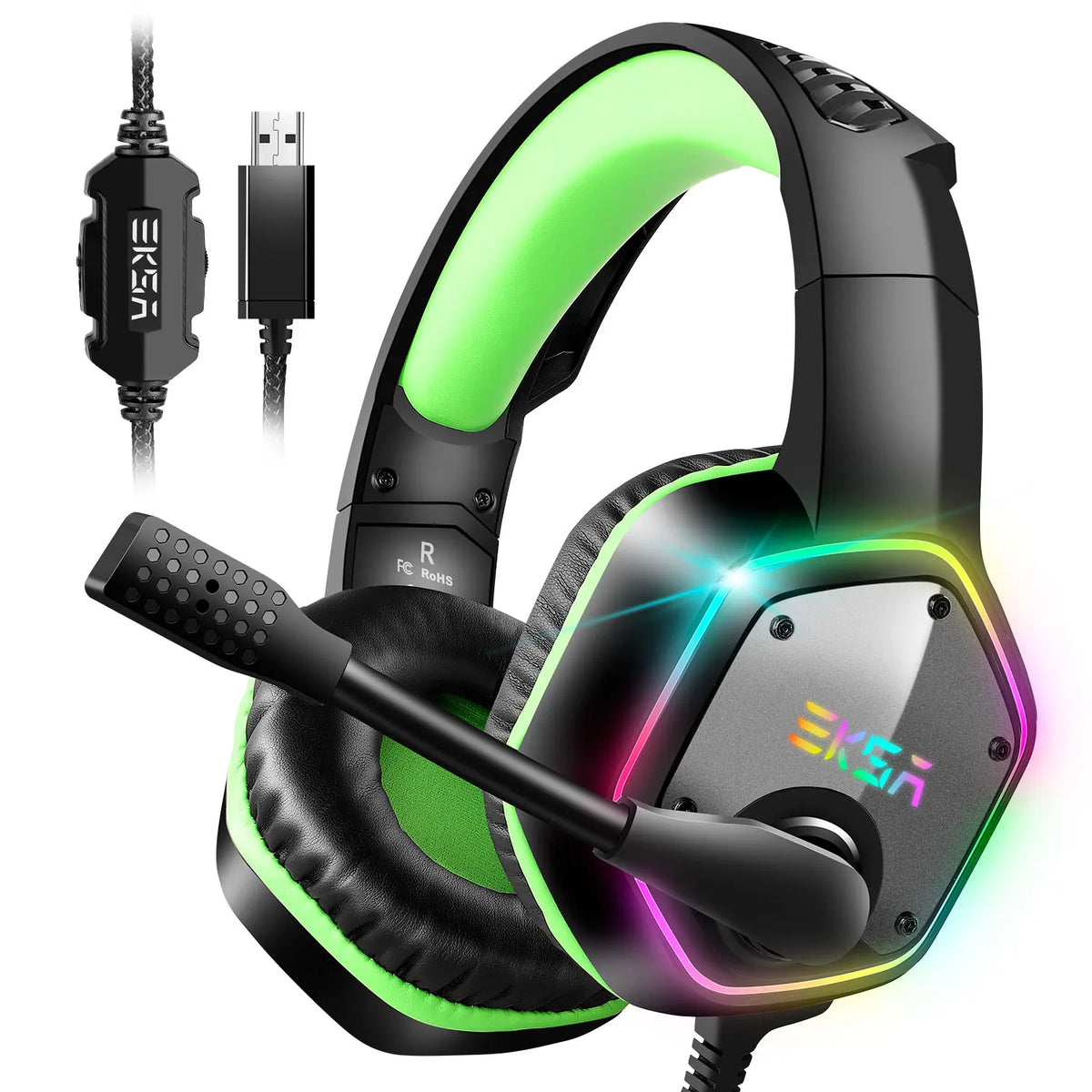 EKSA E1000 Gaming Headphones 7.1 Surround RGB USB Wired Headset 50mm Drivers Noise Cancelling Mic 120° Rotatable PC PS4 PS5 Xbox