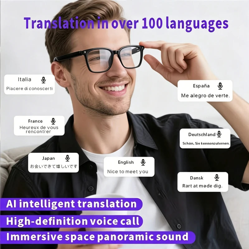 Wireless AI Smart Translation Glasses, 100+ Languages App‑Controlled Translation, Transparent Blue‑Light‑Blocking Lenses with Magnetic Clip‑On Structure, Integrated Speakers for 360‑Degree Stereo Audio