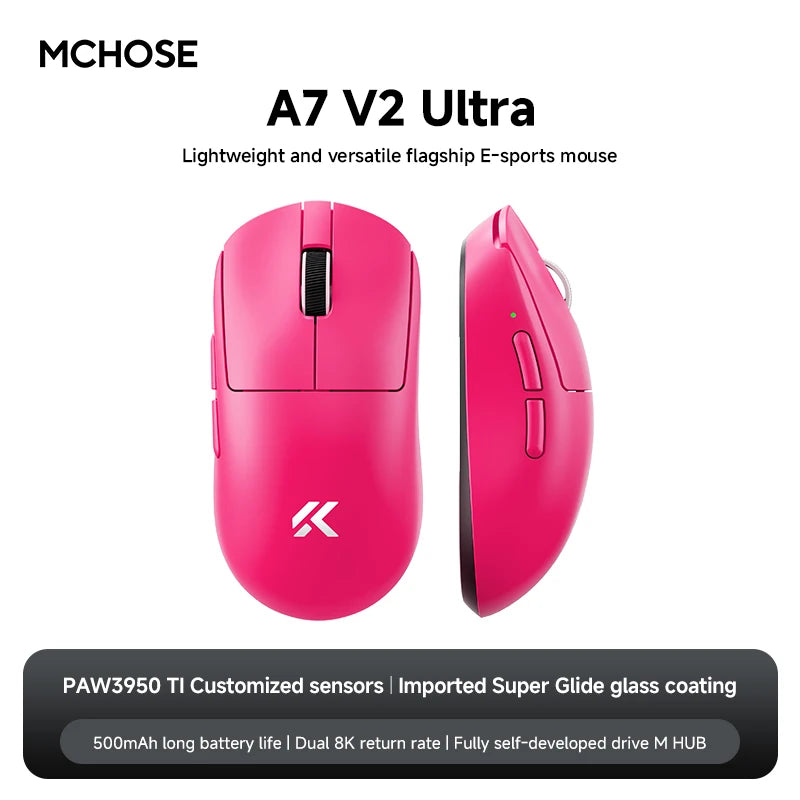 MCHOSE A7 V2 Lightweight Wireless Gaming Mouse Dual8000Hz Polling Rate PAW3950TI Imported Super Glide Glass Coating Office Mouse