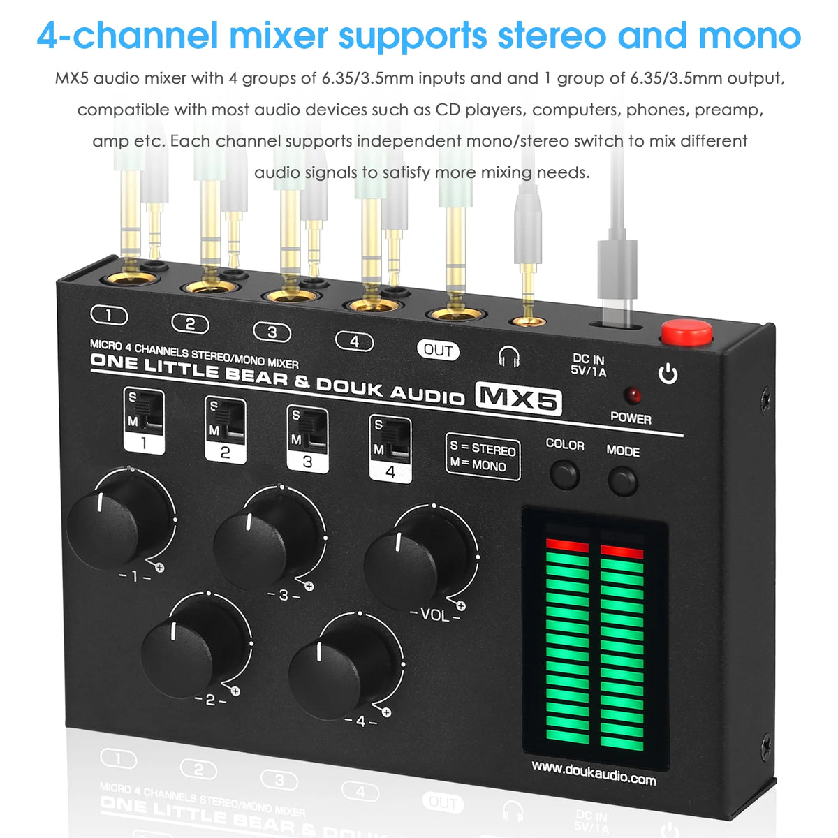 Nobsound MX5 Ultra Low Noise 4-Channel Stereo Audio Mixer Mini Stereo / Mono 6.35/3.5mm Mixer for Club/Studio/Bar
