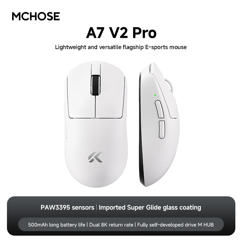 MCHOSE A7 V2 Lightweight Wireless Gaming Mouse Dual8000Hz Polling Rate PAW3950TI Imported Super Glide Glass Coating Office Mouse
