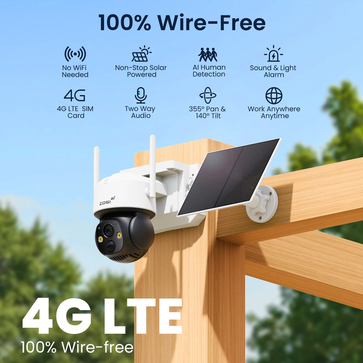 ZOSI 4MP 4G/WiFi Outdoor Battery Camera Solar Charging 15000mAH Waterproof Human Track Home Security CCTV Video Surveillance
