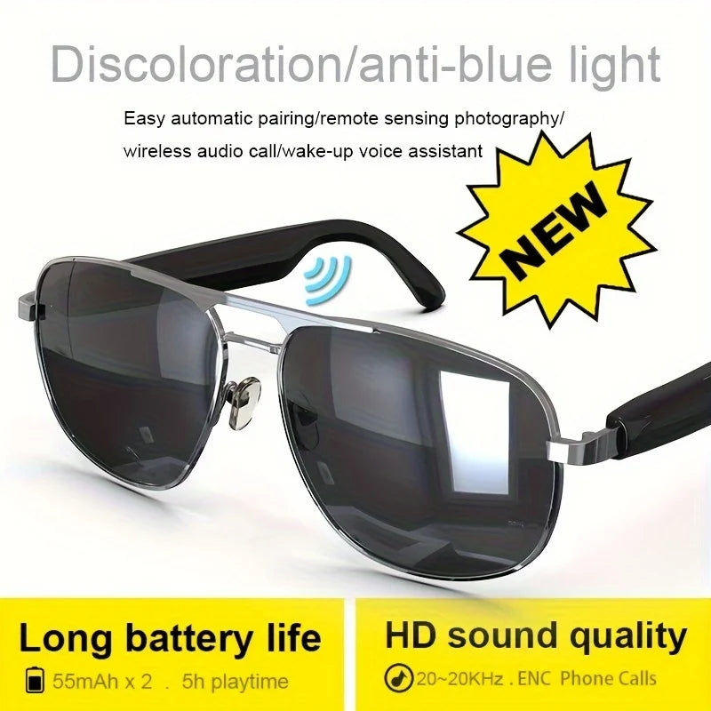 Smart Bluetooth Audio Sunglasses for Men Women, Metal Frame Polarized Lens Wireless Glasses, Built‑in Speaker & Mic, Hands‑Free Music Call Sunglasses for Outdoor Sports Cycling Driving Travel