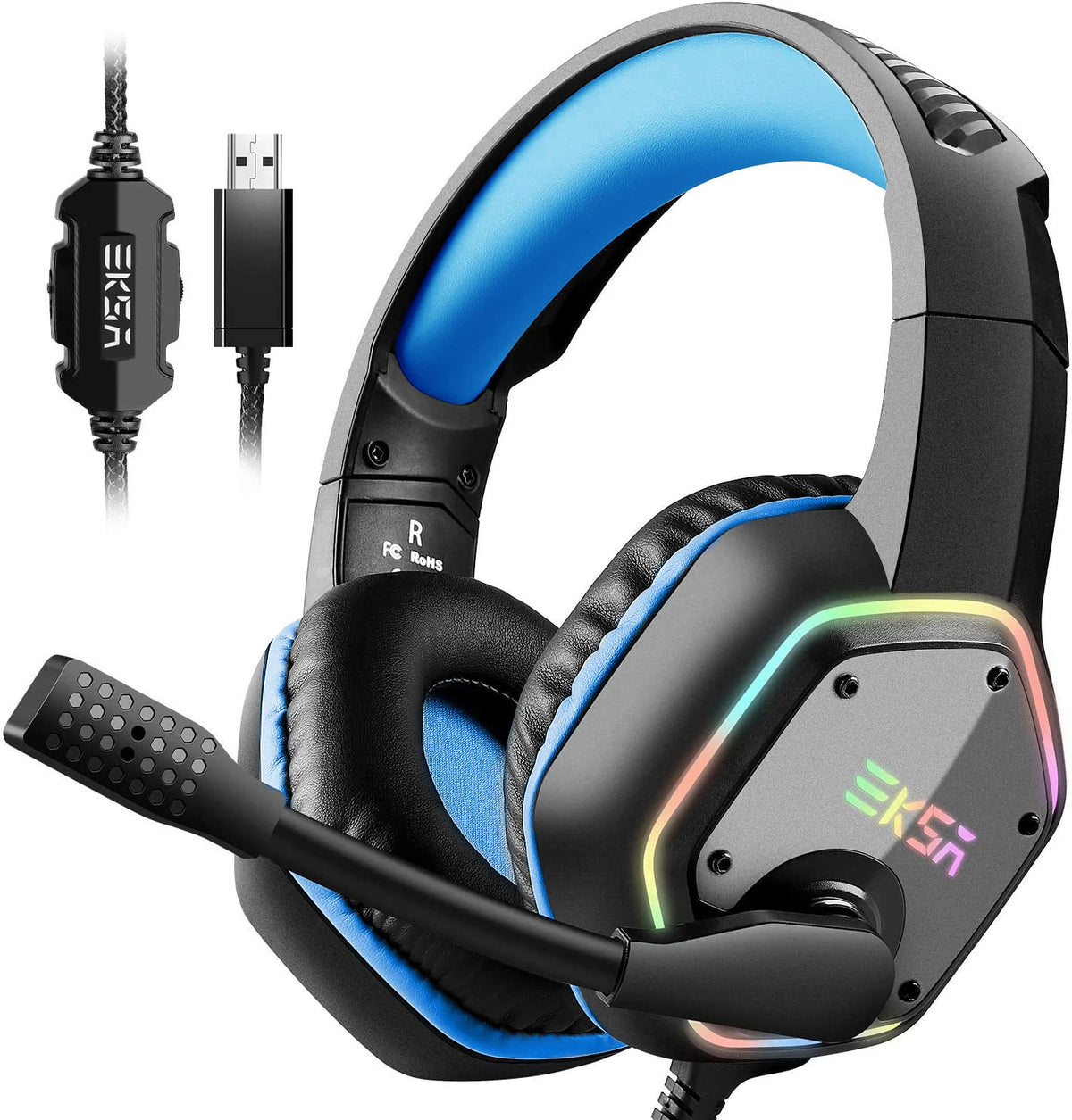 EKSA E1000 Gaming Headphones 7.1 Surround RGB USB Wired Headset 50mm Drivers Noise Cancelling Mic 120° Rotatable PC PS4 PS5 Xbox