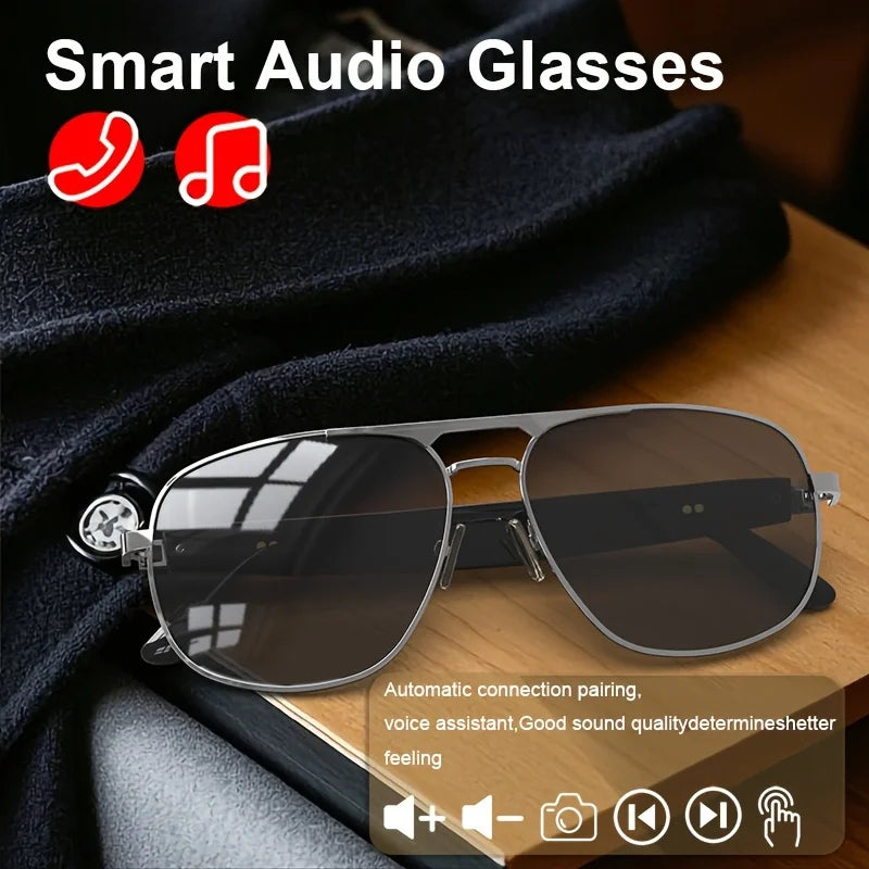Smart Bluetooth Audio Sunglasses for Men Women, Metal Frame Polarized Lens Wireless Glasses, Built‑in Speaker & Mic, Hands‑Free Music Call Sunglasses for Outdoor Sports Cycling Driving Travel