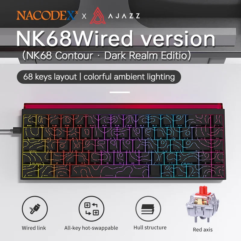 AJAZZ NK68 V2 Wired Mechanical Gaming Keyboard, Red Switch, Full Hot-Swappable, RGB Streamer Light, 68 Keys for Gaming & Office