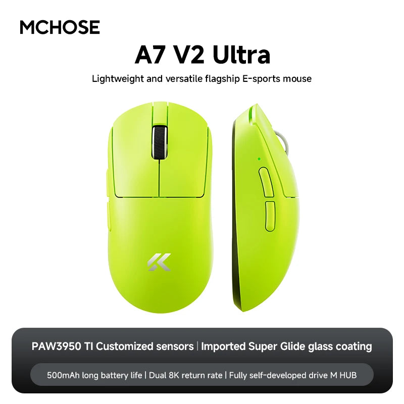 MCHOSE A7 V2 Lightweight Wireless Gaming Mouse Dual8000Hz Polling Rate PAW3950TI Imported Super Glide Glass Coating Office Mouse