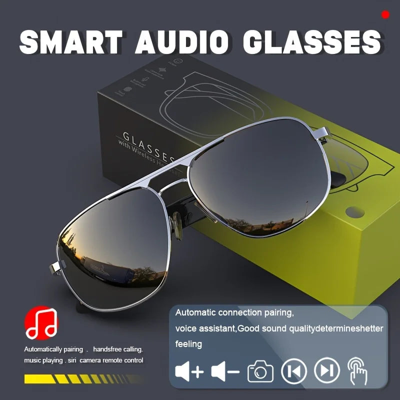 Smart Bluetooth Audio Sunglasses for Men Women, Metal Frame Polarized Lens Wireless Glasses, Built‑in Speaker & Mic, Hands‑Free Music Call Sunglasses for Outdoor Sports Cycling Driving Travel