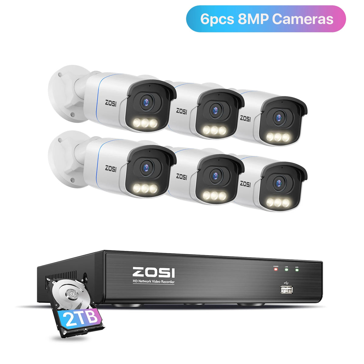 ZOSI 4K PoE Security Camera System 8MP/5MP C186 Aurora Lux Outdoor Indoor Wired IP Cams True Full Color Night Vision 8CH NVR Kit