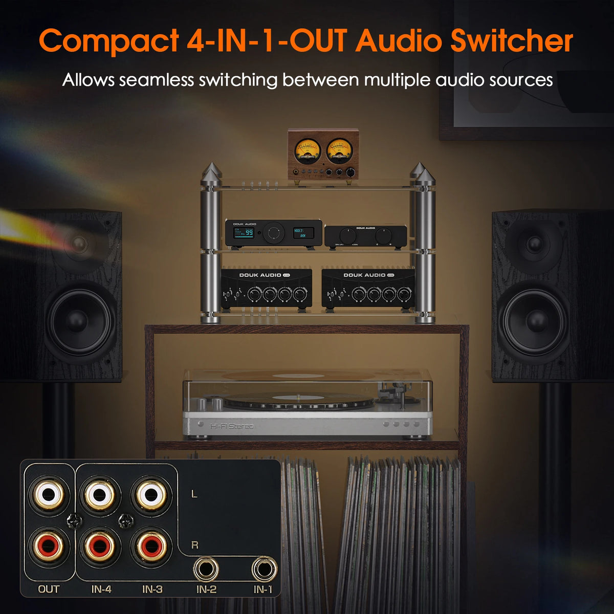 Nobsound VU1-W 4-IN-1-OUT Audio Selector 4-way Stere Switcher Home Preamp VU Meter with Remote Control
