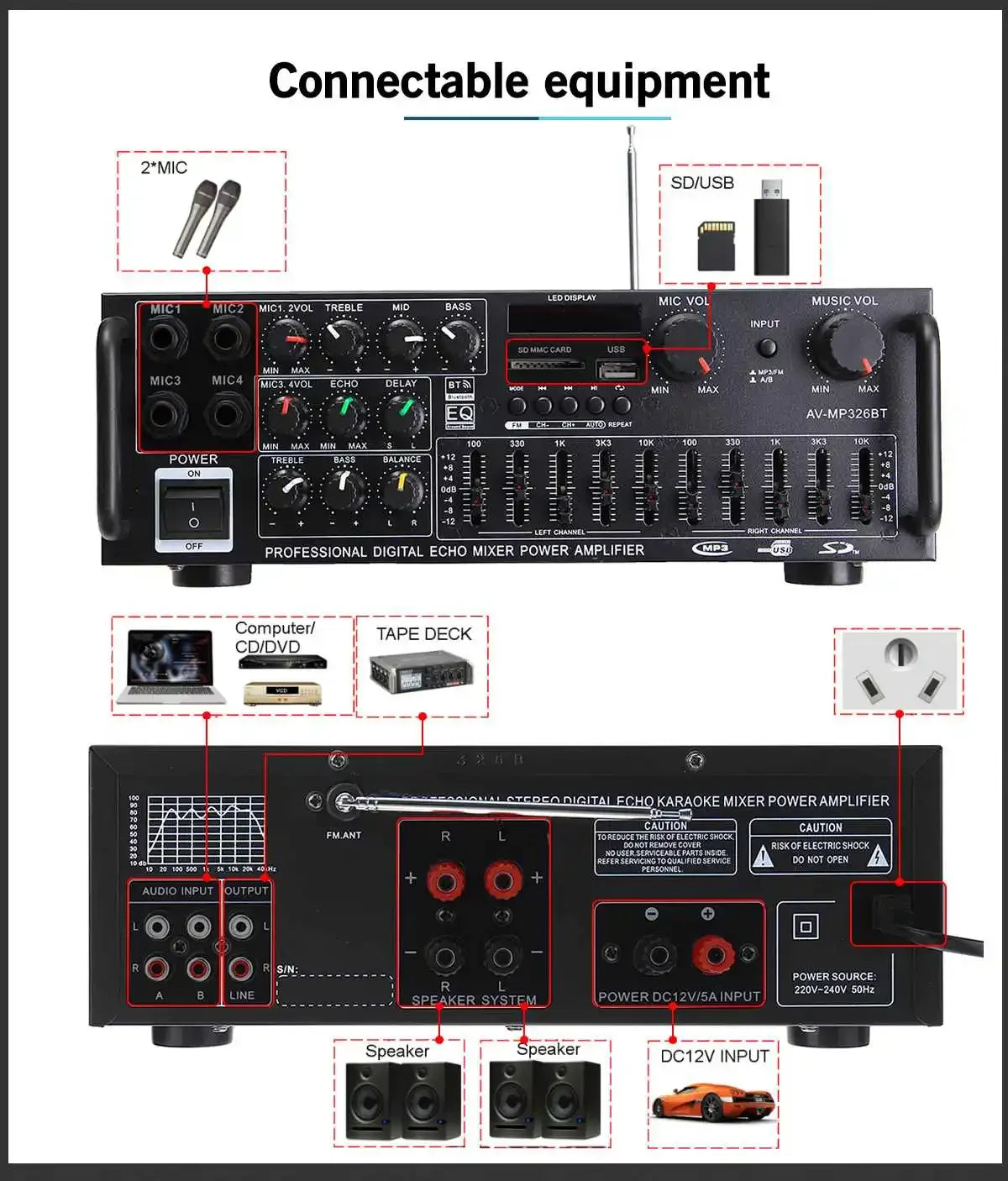 200W 5.0 Bluetooth 2 Channel Audio Power HiFi Amplifier 326BT 12V/220V AV Amp Speaker with Remote Control 4 Micro for Car Home