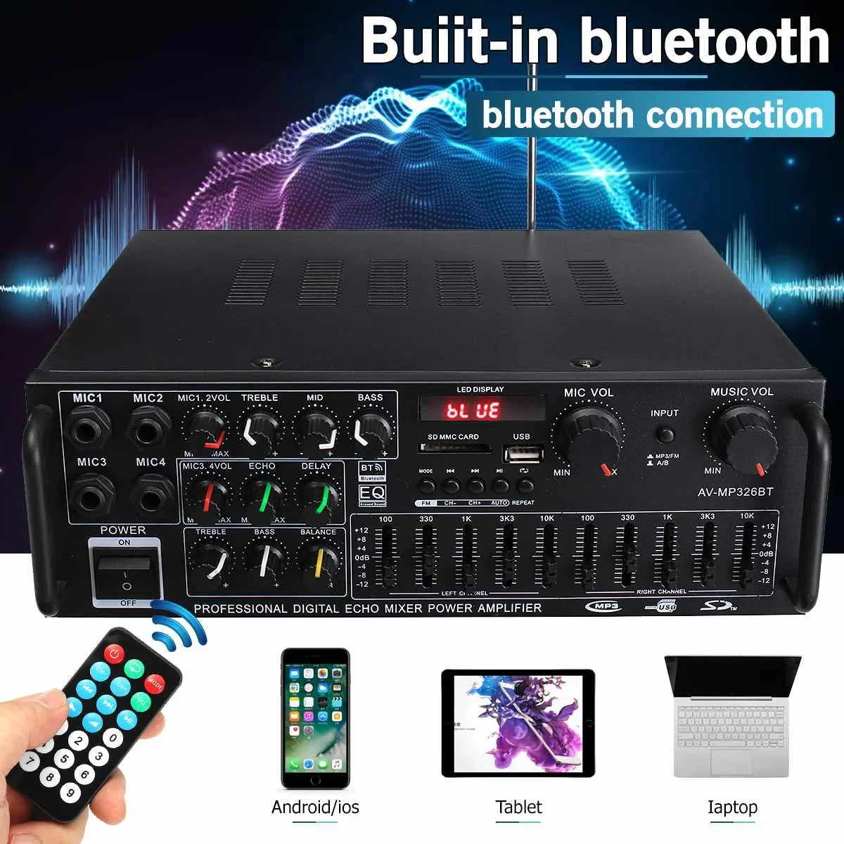 200W 5.0 Bluetooth 2 Channel Audio Power HiFi Amplifier 326BT 12V/220V AV Amp Speaker with Remote Control 4 Micro for Car Home
