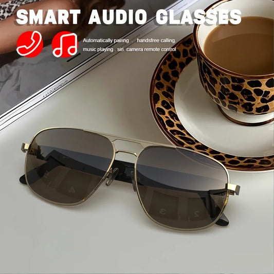 Smart Bluetooth Audio Sunglasses for Men Women, Metal Frame Polarized Lens Wireless Glasses, Built‑in Speaker & Mic, Hands‑Free Music Call Sunglasses for Outdoor Sports Cycling Driving Travel