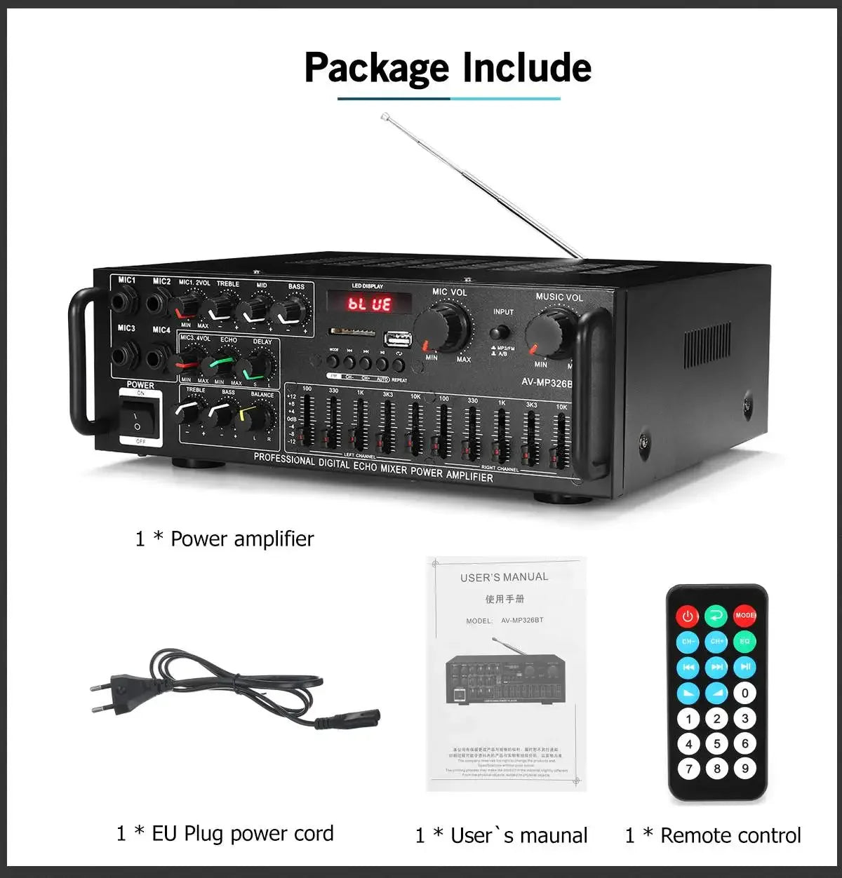 200W 5.0 Bluetooth 2 Channel Audio Power HiFi Amplifier 326BT 12V/220V AV Amp Speaker with Remote Control 4 Micro for Car Home