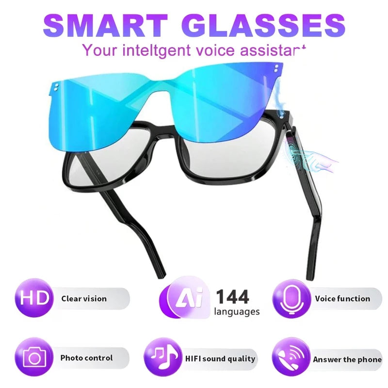 Wireless AI Smart Translation Glasses, 100+ Languages App‑Controlled Translation, Transparent Blue‑Light‑Blocking Lenses with Magnetic Clip‑On Structure, Integrated Speakers for 360‑Degree Stereo Audio