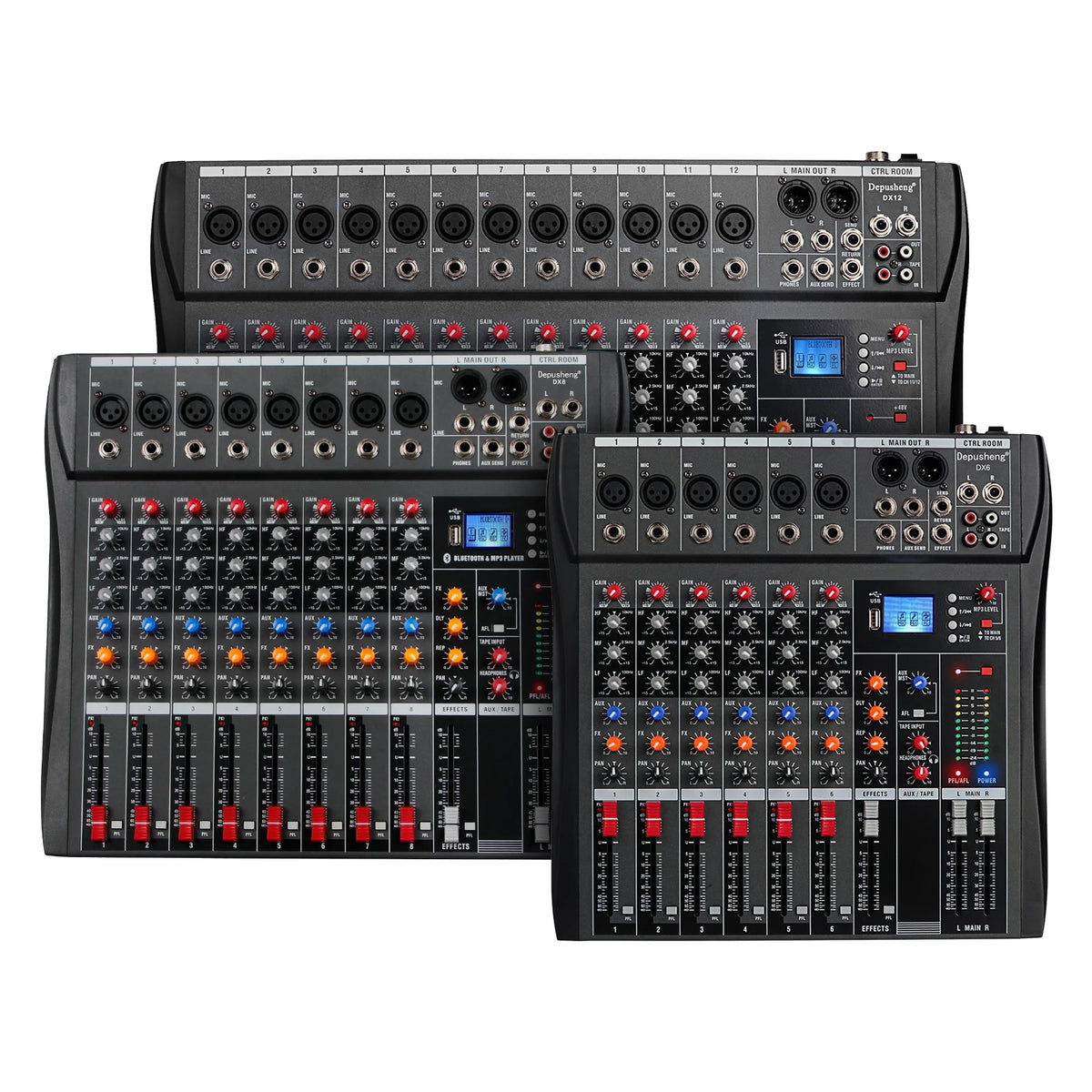 Audio Mixer 6/8/12 Channels Professional DJ Mixer LR Microphone/Line Input, AUX, FX Processor MP3, Headphones, +48V Phantom