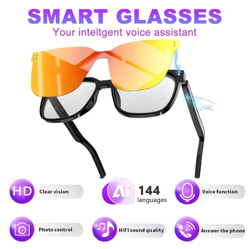 Wireless AI Smart Translation Glasses, 100+ Languages App‑Controlled Translation, Transparent Blue‑Light‑Blocking Lenses with Magnetic Clip‑On Structure, Integrated Speakers for 360‑Degree Stereo Audio