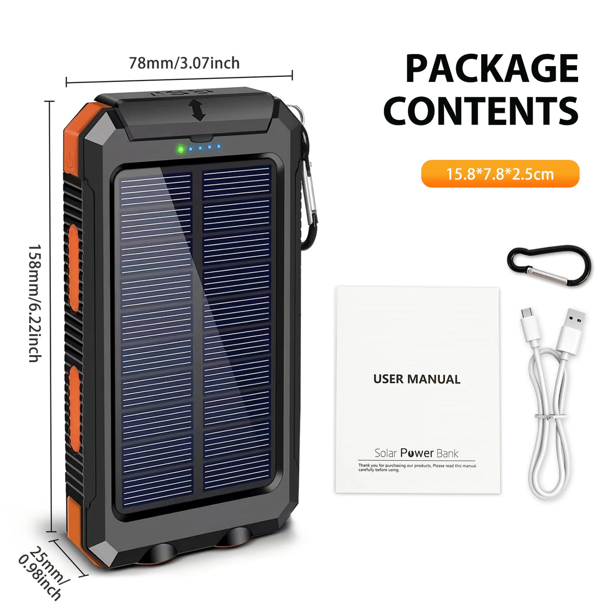 10000mAh Solar Power Bank Portable Waterproof Outdoor Dual 5V 1A USB Ports Fast Charging LED Flashlight for iPhone Tablets