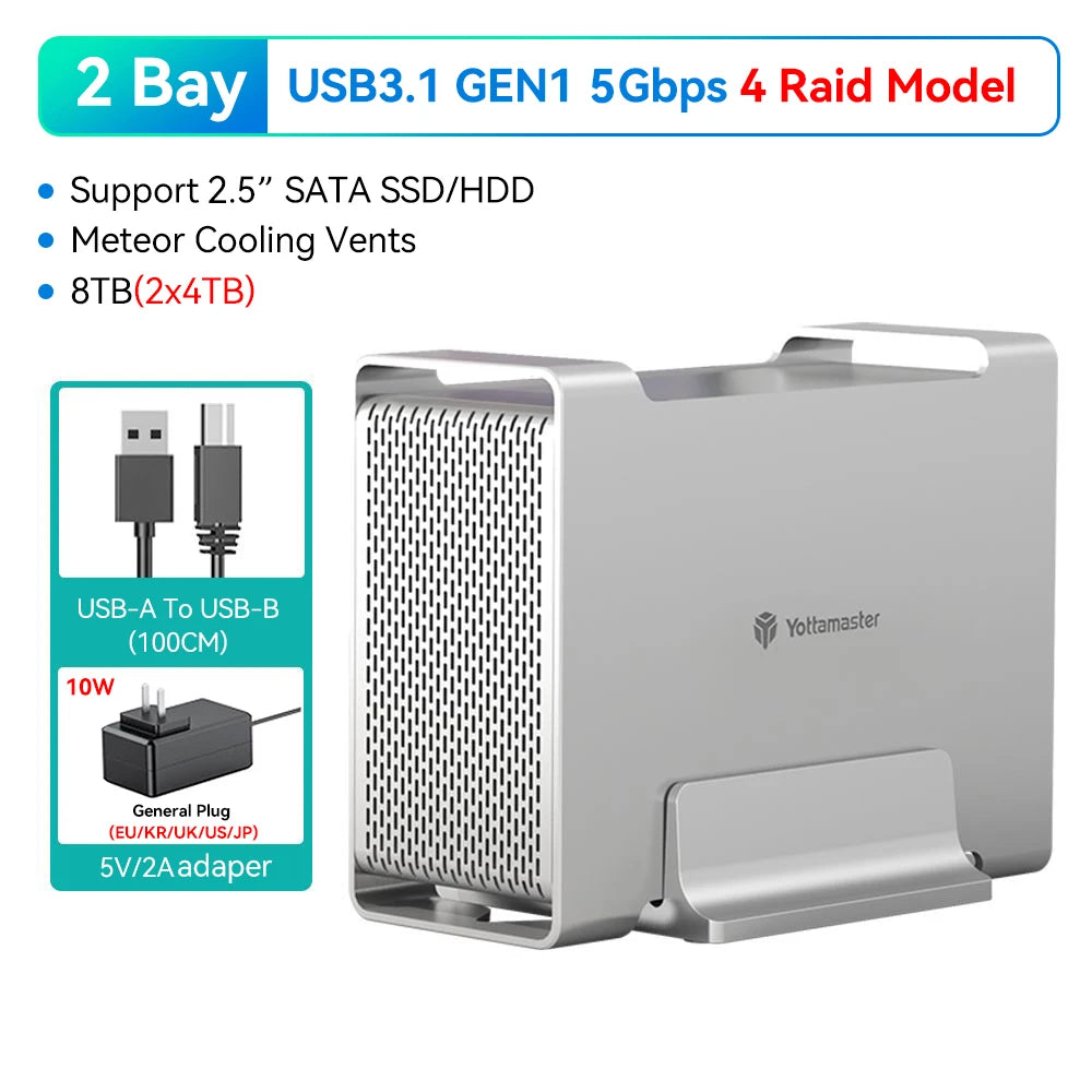 Yottamaster 2 Bay RAID Hard Drive Enclosure 2.5" 3.5" SATA SSD/HDD 4 Raid External Hard Disk Case USB3.1 Type C 5/10Gbps HDD Box