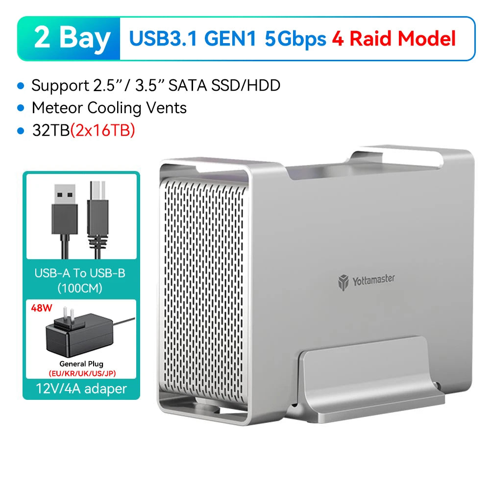 Yottamaster 2 Bay RAID Hard Drive Enclosure 2.5" 3.5" SATA SSD/HDD 4 Raid External Hard Disk Case USB3.1 Type C 5/10Gbps HDD Box