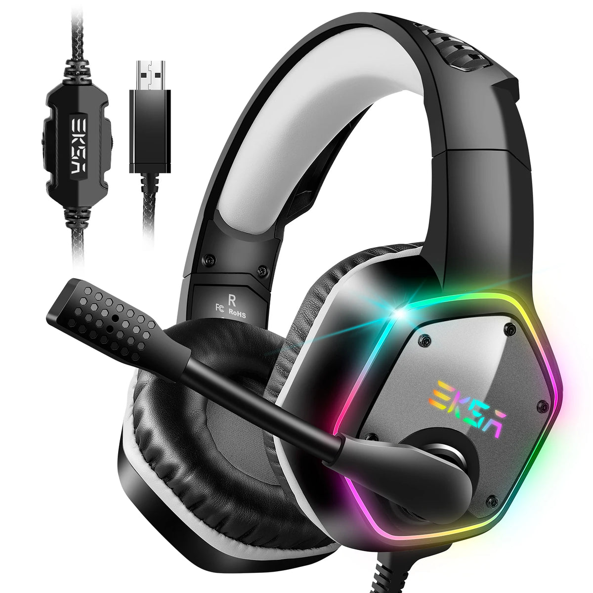 EKSA E1000 Gaming Headphones 7.1 Surround RGB USB Wired Headset 50mm Drivers Noise Cancelling Mic 120° Rotatable PC PS4 PS5 Xbox