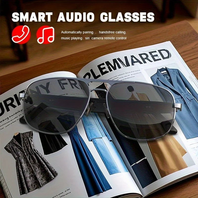 Smart Bluetooth Audio Sunglasses for Men Women, Metal Frame Polarized Lens Wireless Glasses, Built‑in Speaker & Mic, Hands‑Free Music Call Sunglasses for Outdoor Sports Cycling Driving Travel