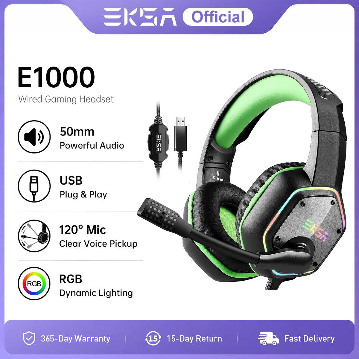EKSA E1000 Gaming Headphones 7.1 Surround RGB USB Wired Headset 50mm Drivers Noise Cancelling Mic 120° Rotatable PC PS4 PS5 Xbox