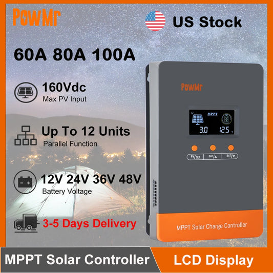 PowMr 60A 80A 100A MPPT Solar Charge Paralllel Controller 12V 24V 36V 48V Max PV 160Vdc Fit Lithium Batteria for Home RV Boat Camp Local Stock