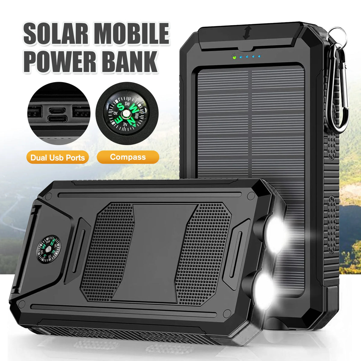 10000mAh Solar Power Bank Portable Waterproof Outdoor Dual 5V 1A USB Ports Fast Charging LED Flashlight for iPhone Tablets