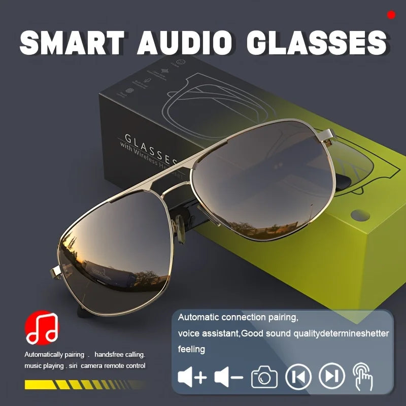 Smart Bluetooth Audio Sunglasses for Men Women, Metal Frame Polarized Lens Wireless Glasses, Built‑in Speaker & Mic, Hands‑Free Music Call Sunglasses for Outdoor Sports Cycling Driving Travel