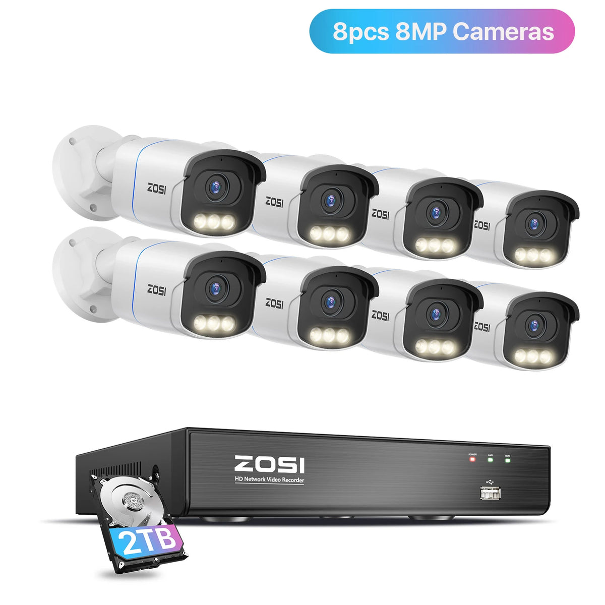 ZOSI 4K PoE Security Camera System 8MP/5MP C186 Aurora Lux Outdoor Indoor Wired IP Cams True Full Color Night Vision 8CH NVR Kit