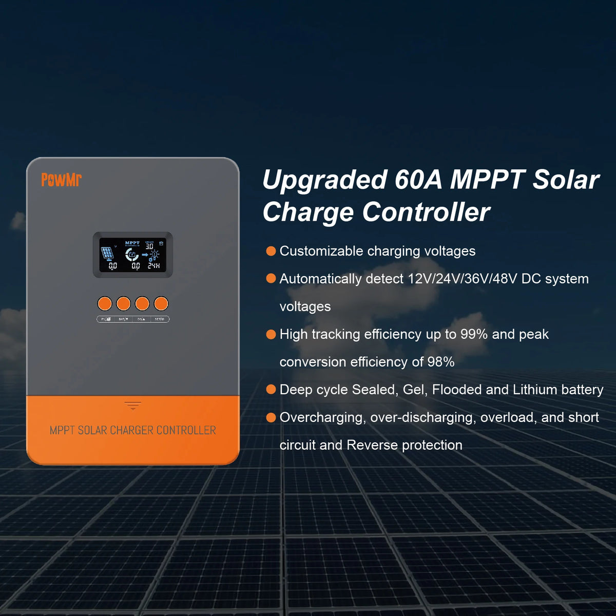 PowMr 60A 80A 100A MPPT Solar Charge Paralllel Controller 12V 24V 36V 48V Max PV 160Vdc Fit Lithium Batteria for Home RV Boat Camp Local Stock