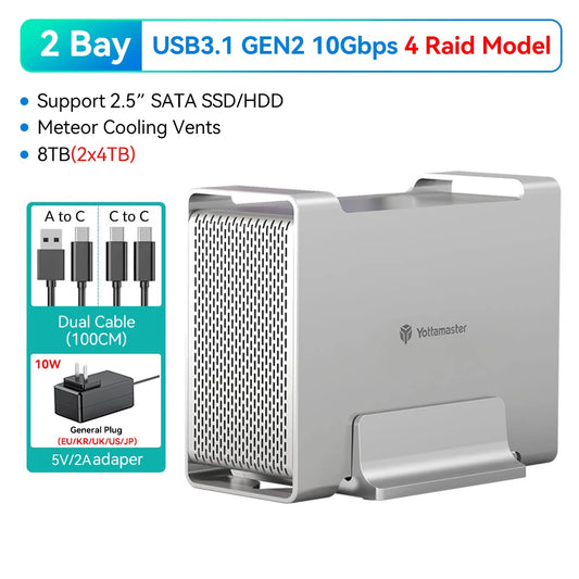 Yottamaster 2 Bay RAID Hard Drive Enclosure 2.5" 3.5" SATA SSD/HDD 4 Raid External Hard Disk Case USB3.1 Type C 5/10Gbps HDD Box