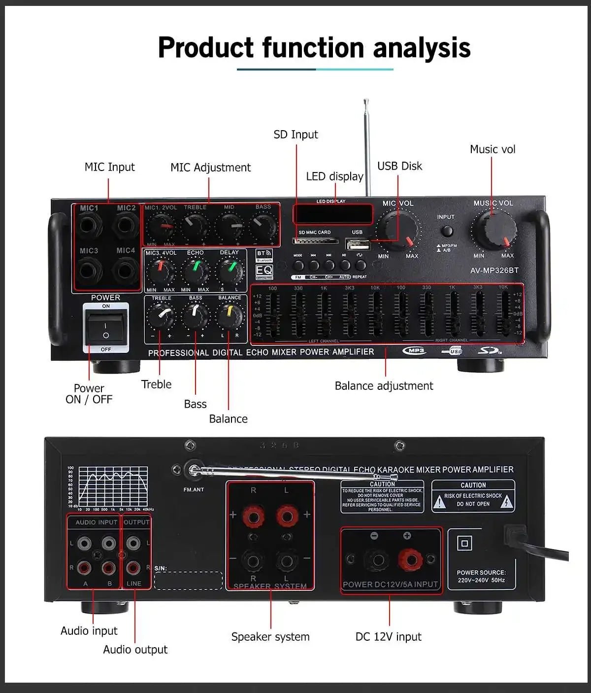 200W 5.0 Bluetooth 2 Channel Audio Power HiFi Amplifier 326BT 12V/220V AV Amp Speaker with Remote Control 4 Micro for Car Home