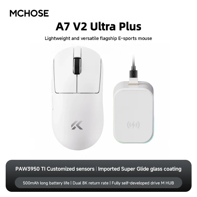 MCHOSE A7 V2 Lightweight Wireless Gaming Mouse Dual8000Hz Polling Rate PAW3950TI Imported Super Glide Glass Coating Office Mouse