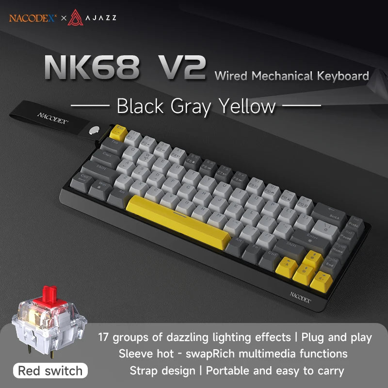 AJAZZ NK68 V2 Wired Mechanical Gaming Keyboard, Red Switch, Full Hot-Swappable, RGB Streamer Light, 68 Keys for Gaming & Office