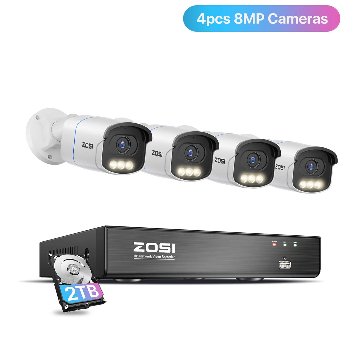 ZOSI 4K PoE Security Camera System 8MP/5MP C186 Aurora Lux Outdoor Indoor Wired IP Cams True Full Color Night Vision 8CH NVR Kit