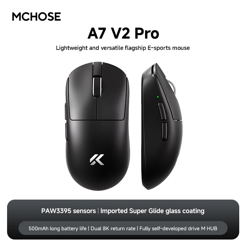 MCHOSE A7 V2 Lightweight Wireless Gaming Mouse Dual8000Hz Polling Rate PAW3950TI Imported Super Glide Glass Coating Office Mouse